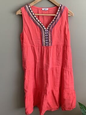 TIered Sleeveless Linen Dress with Embroidery